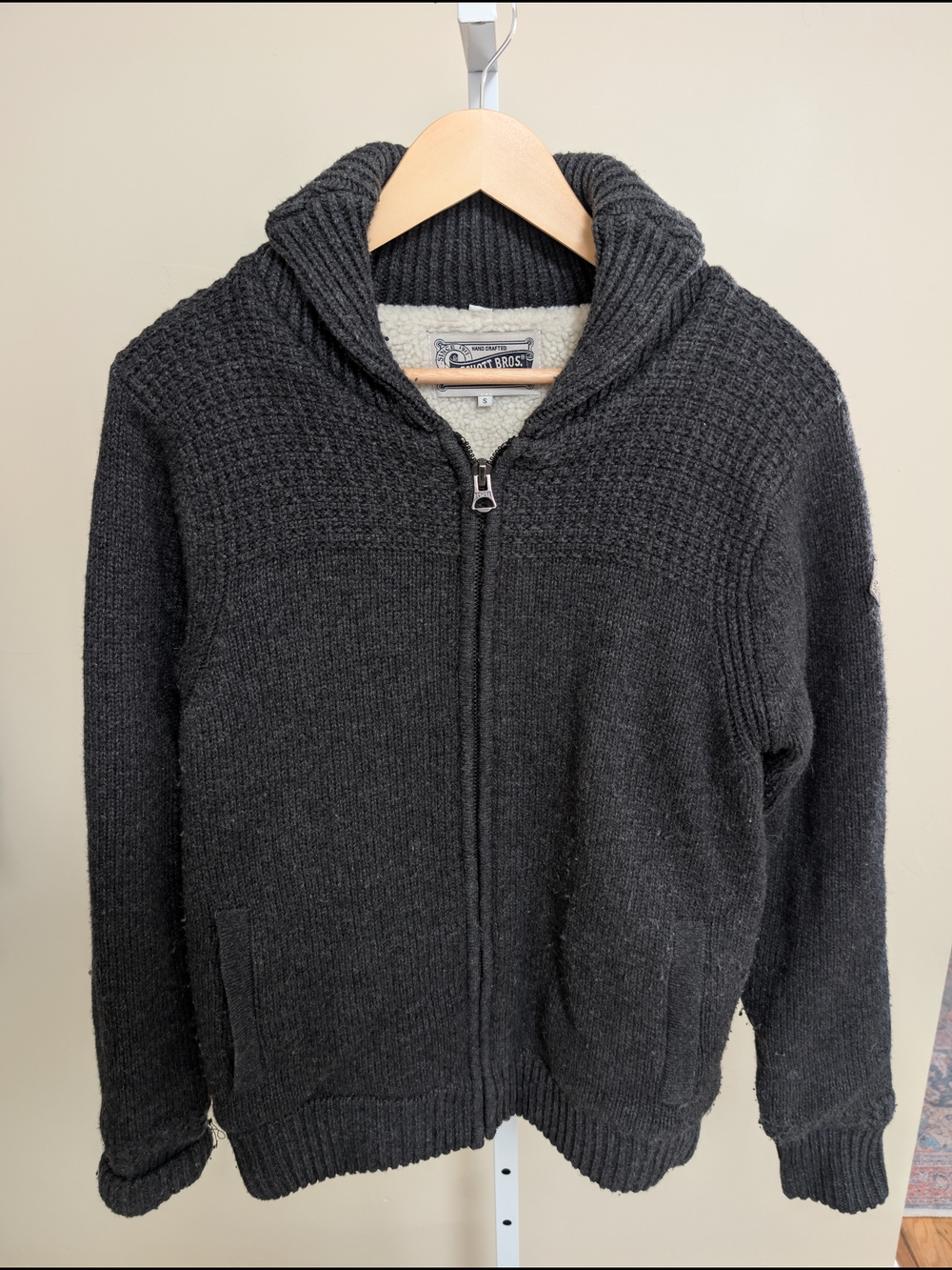 Schott Bros Sherpa Lined Full Zip Knit Sweater Charcoal Gray Men’s S